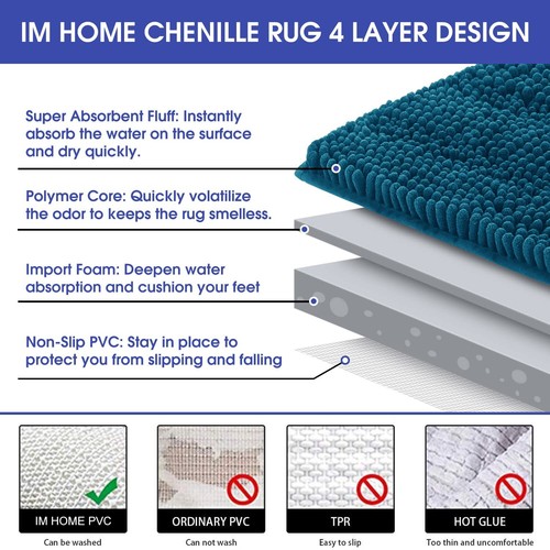 ACCUMTEK Striped Teal Blue Bathroom Rug Set 3 Pieces Ultra Soft Non Slip Chen... - Picture 3 of 6