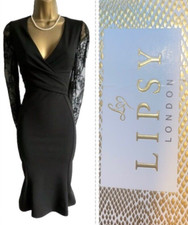 Lipsy Black bodycon Wrap Dress 16 Long Sleeve Party Occasion Midi Plunge Cruise