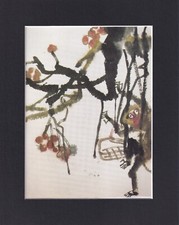 8X10 Black Matted Print Art Painting, Wang Yani, Child Prodigy, Monkey Tree