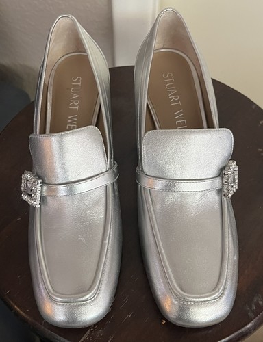 Stuart Weitzman Geo Crystal Logo Silber Metallic Leder Pumps Schuh 8 - Bild 11 von 12