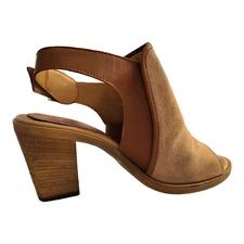 Coach And Four Tan Brown Suede  & Leather Peep Toe Heel Sandals Madel 9 1/2 M