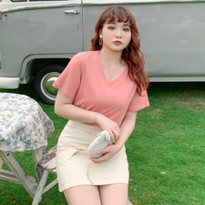 Women's slim casual V-neck short sleeve top large solid cotton T-shirt