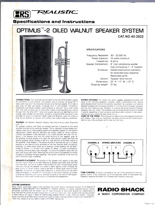 RS Realistic Optimus 2 Speaker System Spec Sheet