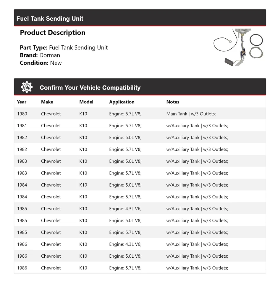 Unidad de envío de tanque de combustible para Chevrolet K10 Dorman 1980-1986 1981 1982 1983 1984 Foto 2 de 4
