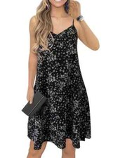 Ladies Floral Print V Neck Spaghetti Strap Dress Black Small New