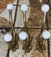 Vintage Set Of 3 Large Brass Wall Double Hooks Porcelain Knobs Victorian Style