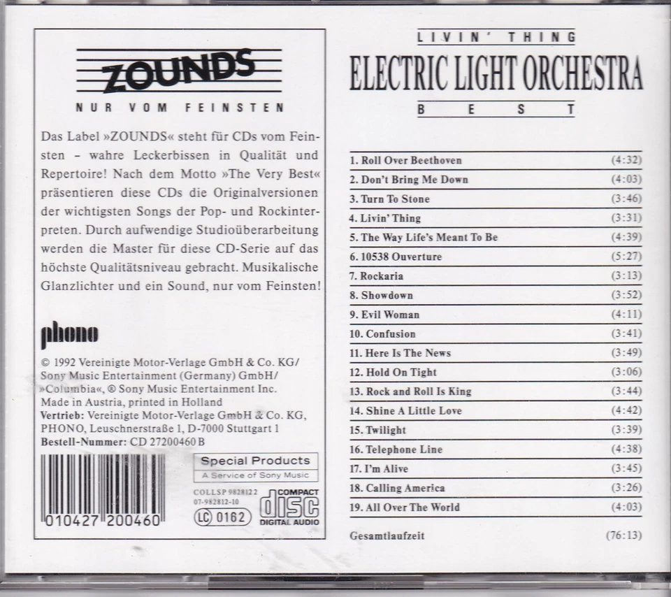 ZOUNDS - ELECTRIC LIGHT ORCHESTRA - Livin' Thing - Best - audiophile CD 1992 - Bild 2 von 2