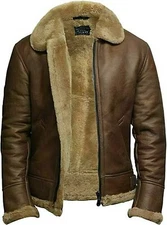 Men's brown RAF Aviator Shearling B3 Bomber Golden Fur Sheepskin Leather Jacket