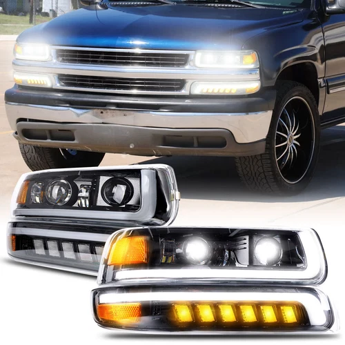 NEW LED Headlights+Bumper Lamps For 1999-2002 Chevy Silverado 1500 2500 HD 3500
