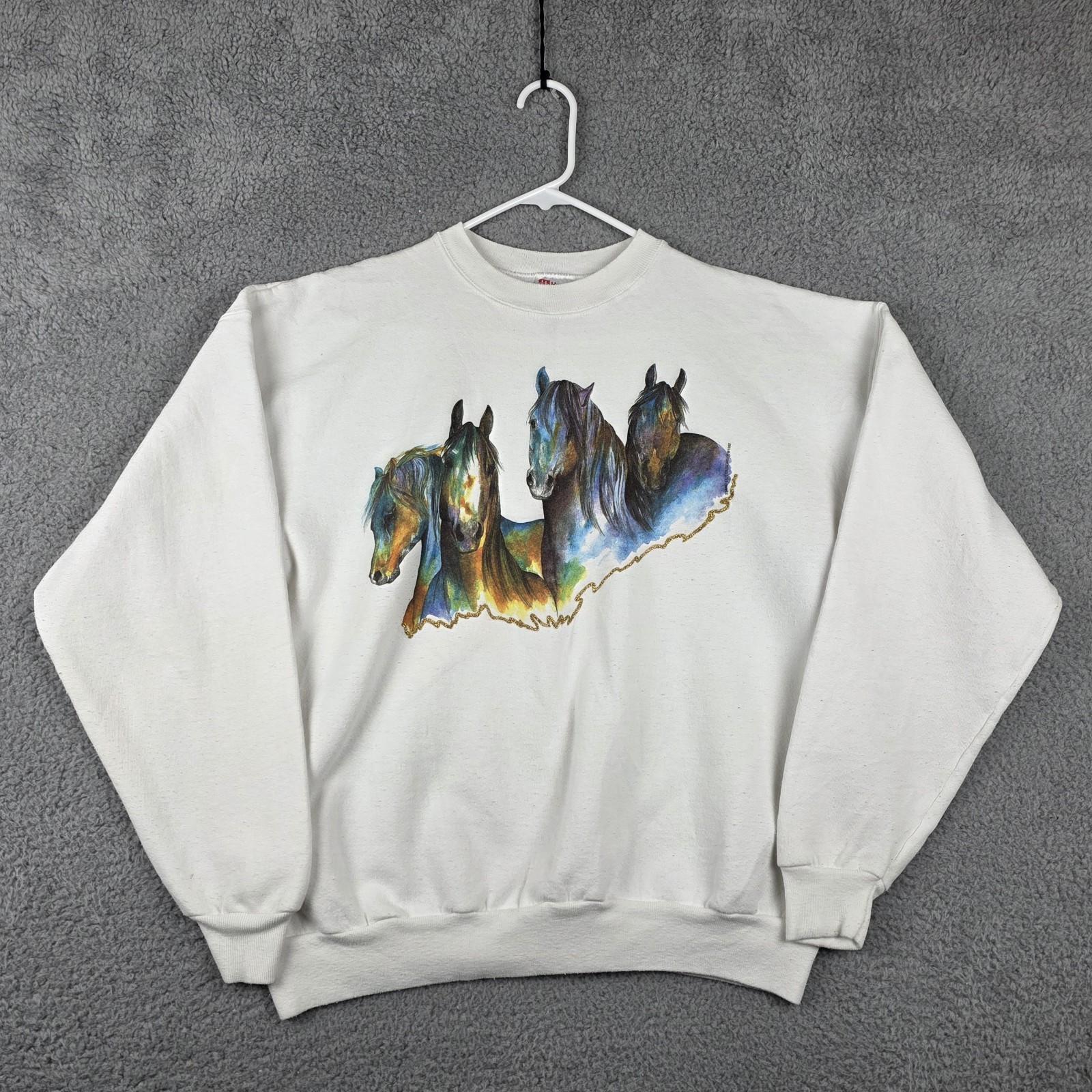 Vintage Horses Sweater Adult XL 23x24 White Equine Art Pullover Sweatshirt