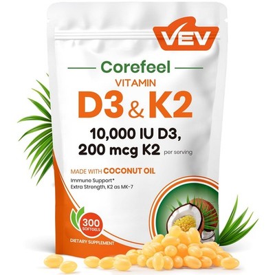 VEV Corefeel Vitamin D3 K2 10,000 IU, 200 mcg 300 Count (Pack of 1), White