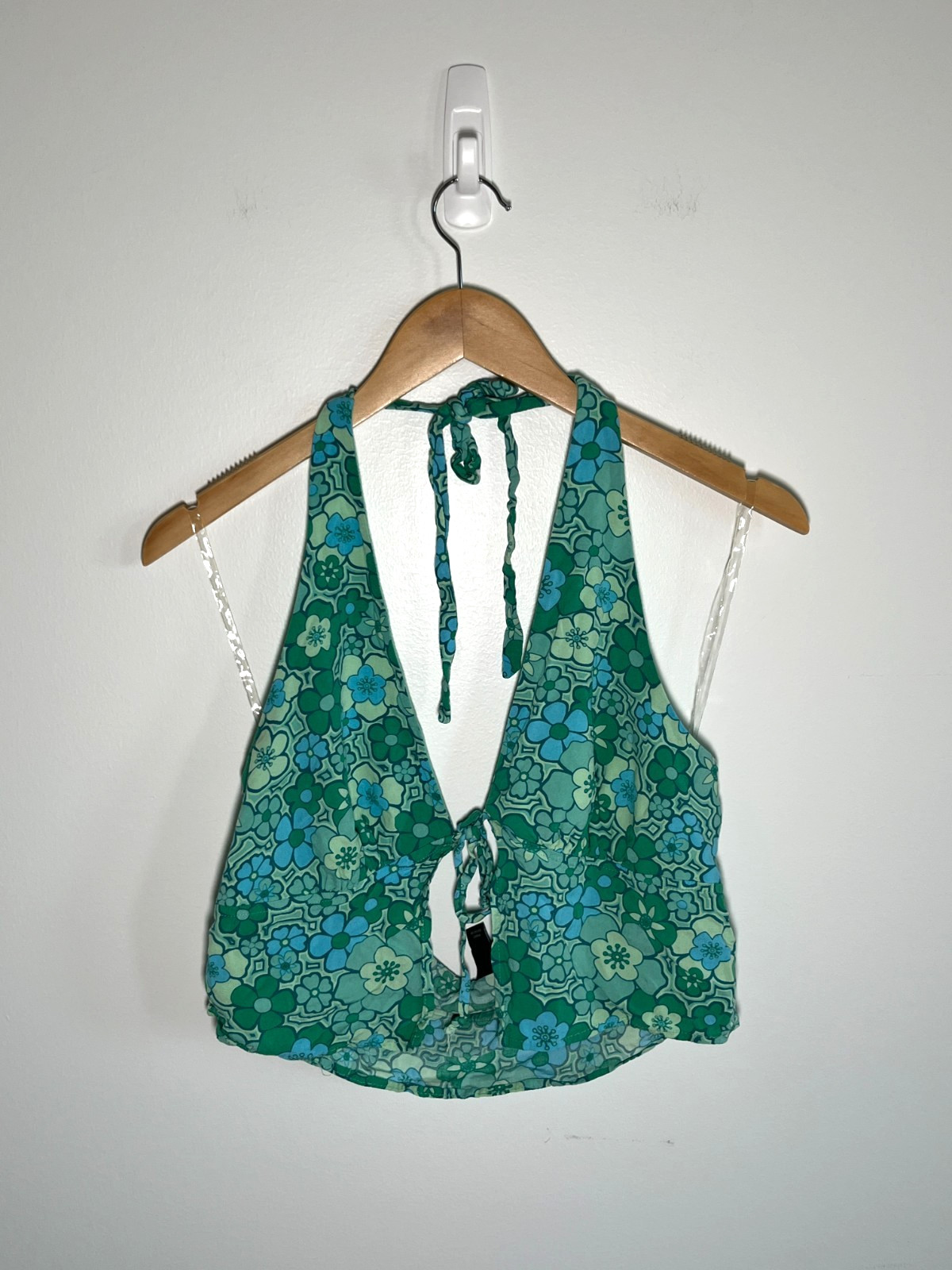 Y2K Babydoll Fairy Festival Halter Top Tie Front Womens L Green Floral