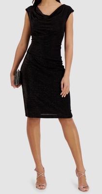 Connected Apparel Women's Black Draped-Neck Sheath Dress Petite Size 4P