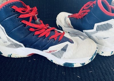 Youth Basketball Shoes White with Navy, Red, and Blue Accents High-Top Sneakers