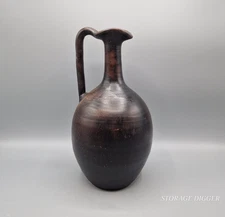Vintage Folk Art Handmade Mexican Pottery Dark Brown Pitcher 11" Tall, Handle