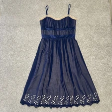 BCBG Paris Navy Blue Sheer Overlay Ruched Bodice Silk Waistline Dress Size 6