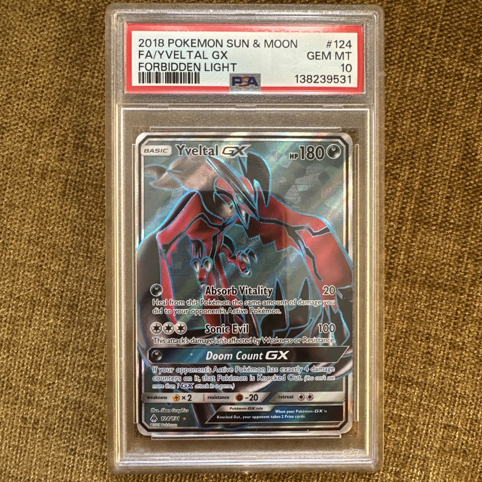 2018 POKEMON SUN & MOON FORBIDDEN LIGHT #124 FULL ART YVELTAL GX PSA 10 🚀