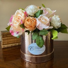  Artificial Silk Flower Arrangement Hat Box Rose Gold Pink / Peach