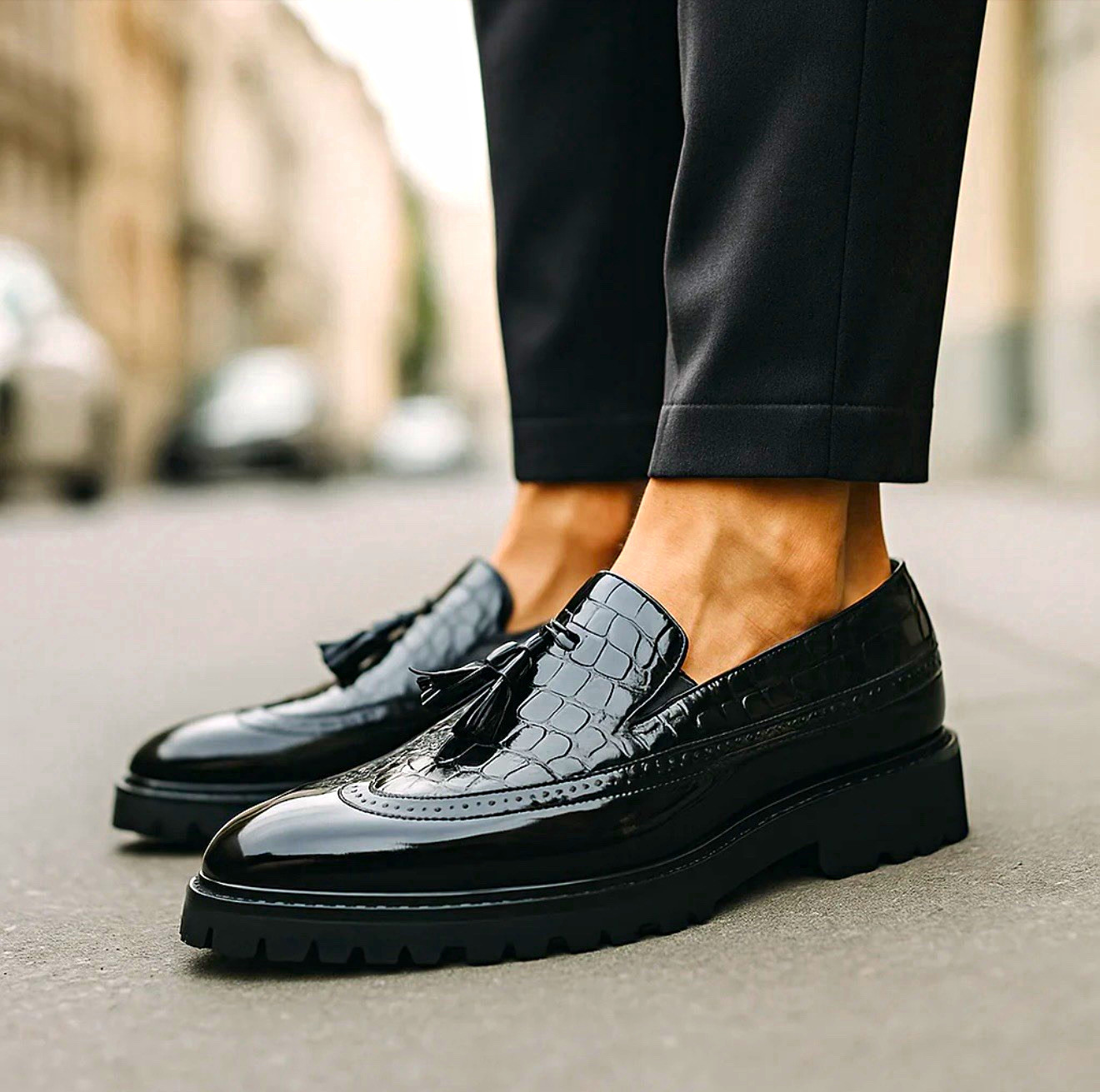 Callen Ford Men's Black Patent Croc Tassel Loafer Dress Shoes Slip-On 10.5