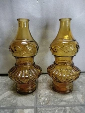 Vintage Wheaton Glass Co Pair Of Amber Glass Oil Lamps Bottles