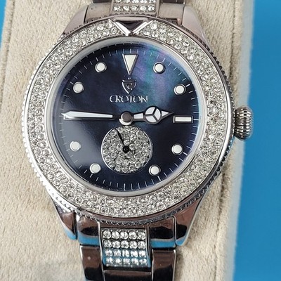 Croton Womens Quartz Watch Silver Tone Crystal Bezel Mother 