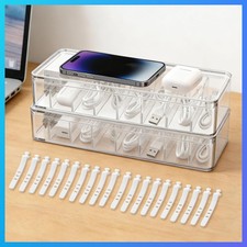 2 Pack Cable Organizer Box with Lid - Stackable Charger Cord Storage Organizer w