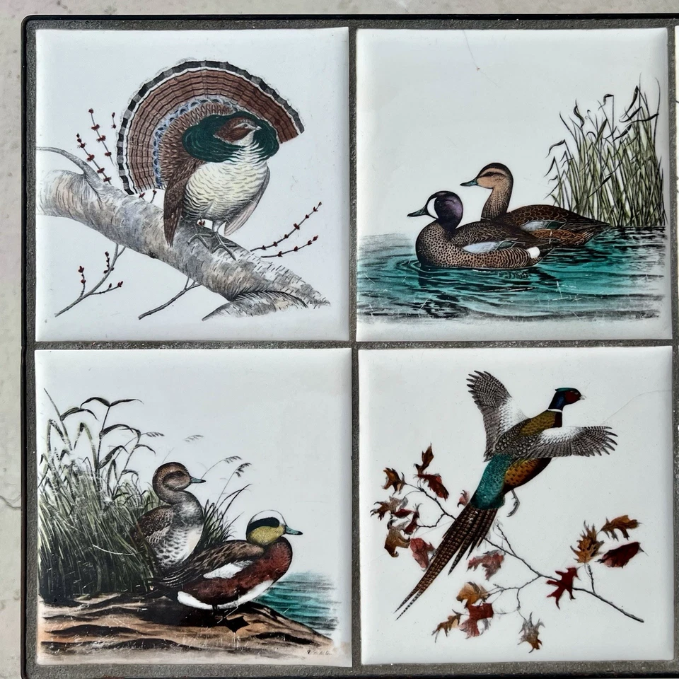 Antique Wrought Iron Small Side Table w/ Birds Ducks Geese Ceramic Tile Top - Image 4 of 4