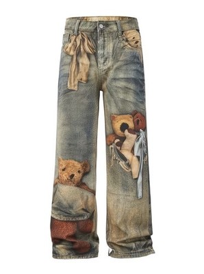 MeTian Women's Blue Denim Bootcut Jeans Teddy Bear Print Bow Accent 5-Pocket