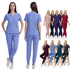 2025 Brand New Medical Nursing Scrubs Set V-Neck Top Jogger Pants Comfort Fit