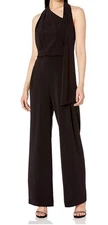 Halston Black Jumpsuit Scarf Neck Size 2 NYE Party Winter Wedding Guest