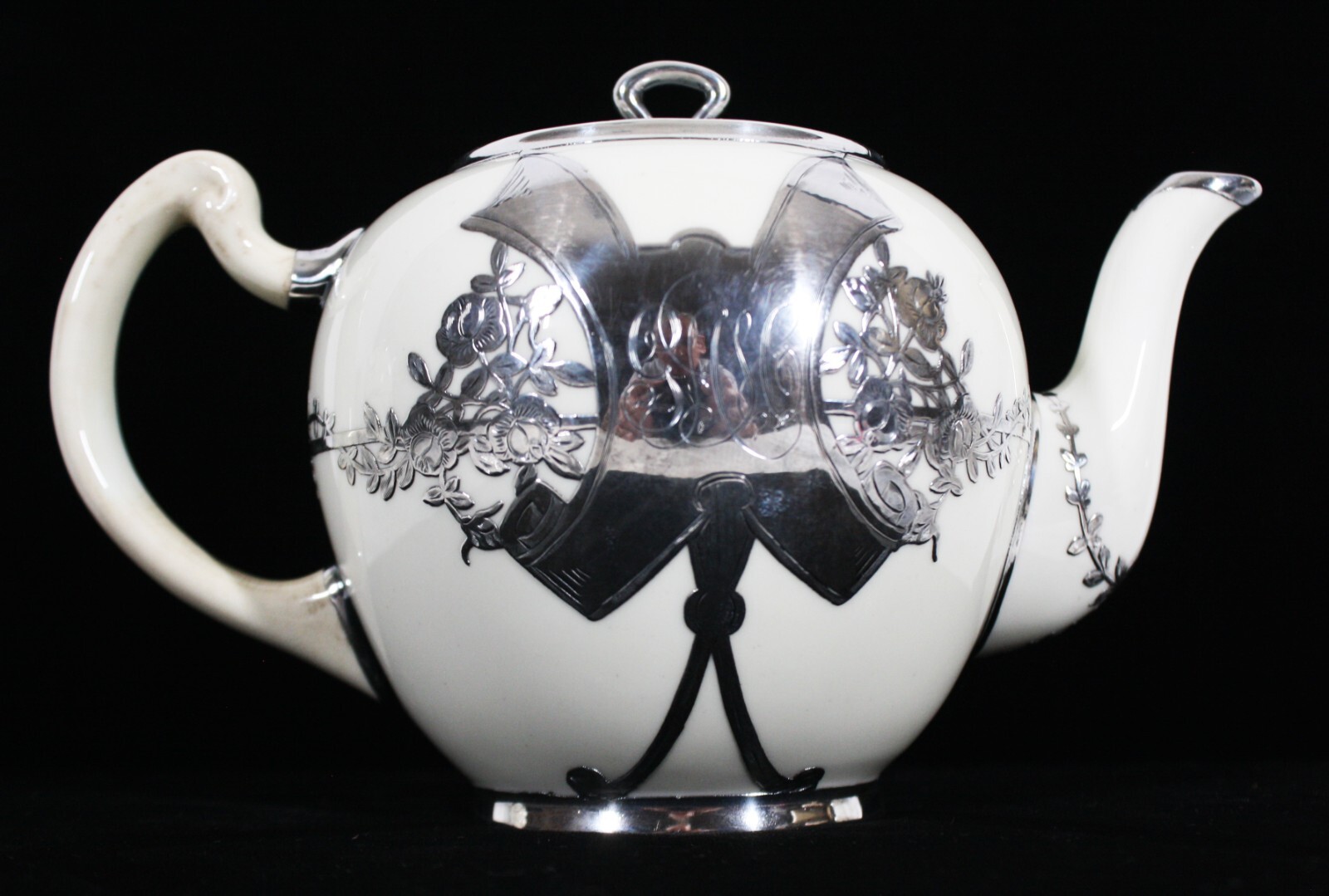 RARE! ANTIQUE MAUSER HEAVY SILVER OVERLAY + WHITE BONE CHINA TEAPOT