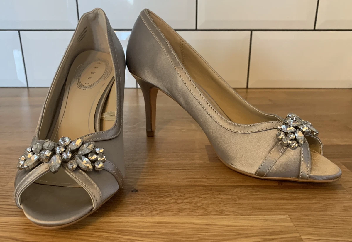 Debut Silver Satin Heels Open Toe Pretty Diamante Detail Wedding