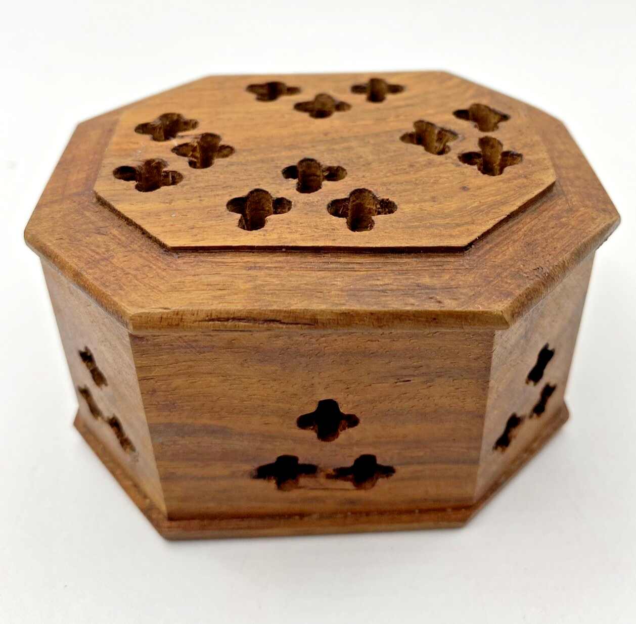 Vintage Hand-Carved Octagon Wooden Trinket Box with Vented Lid
