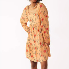 NWT Juniors' SO Long Sleeve Peasant Babydoll Mini Dress Orange Pink Floral SMALL