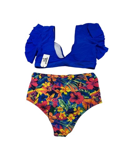 Sporlike Womens XL Ruffle Top High Waist Bikini Tropical Print Royal Blue - 第 2/4 張圖片