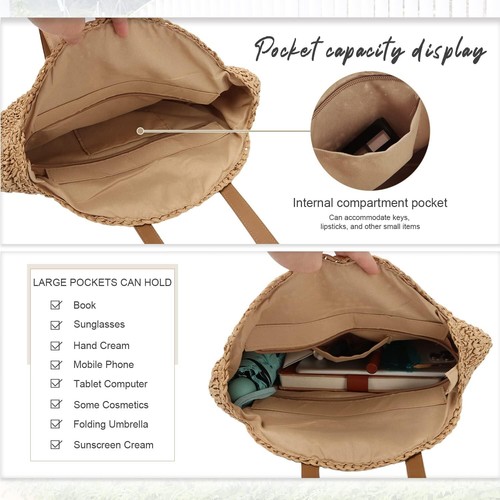 Women Straw Bag Round Handwoven Summer Beach Tote Natural Chic Khaki2 - Picture 5 of 7