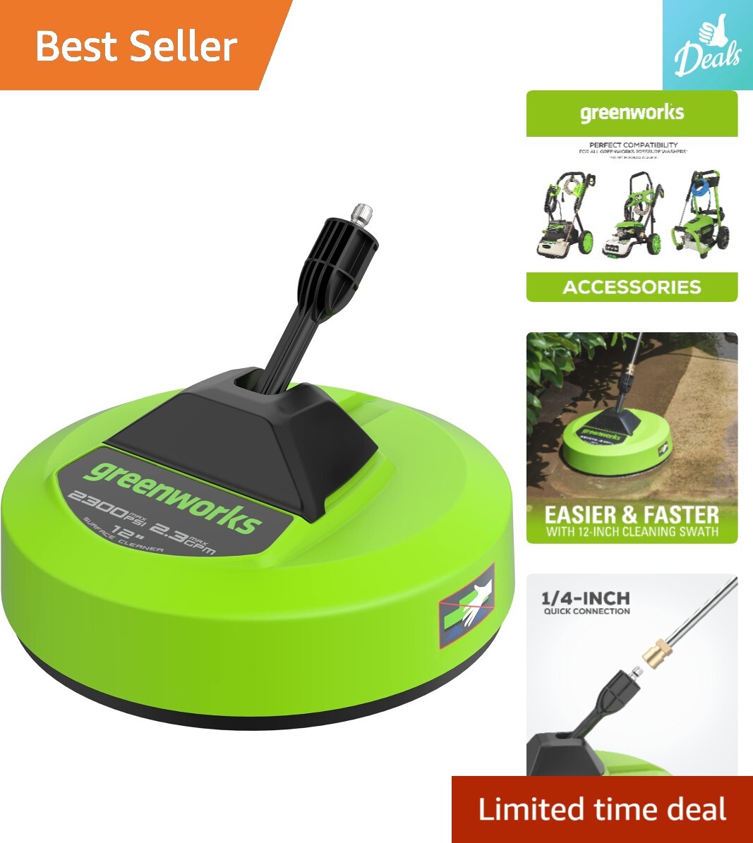 12" Pressure Washer Attachment - Works on Driveways, Sidewalks, Patios & Decks