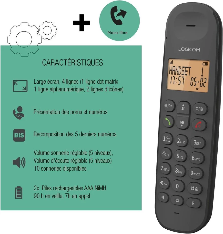 Logicom ILOA 150 Schnurloses Festnetztelefon Schwarz DECT Analog 4 Stunden Gespr - Imagen 2 de 4