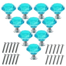 10 Pcs Crystal Glass Cabinet Knobs 30mm Diamond Shape Drawer Kitchen Light Blue