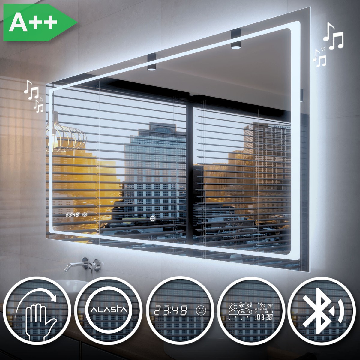 Miroir Salle De Bain LED BERLIN - Affichage Météo, Bluetooth, Interrupteur - Argenté - Moderne - Neuf