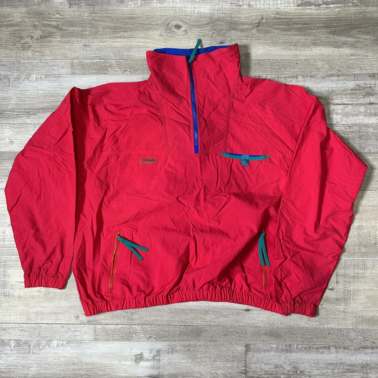 Vtg Columbia Radial Sleeve Jacket Pullover Windbreaker Men XL Blue, Teal, Red