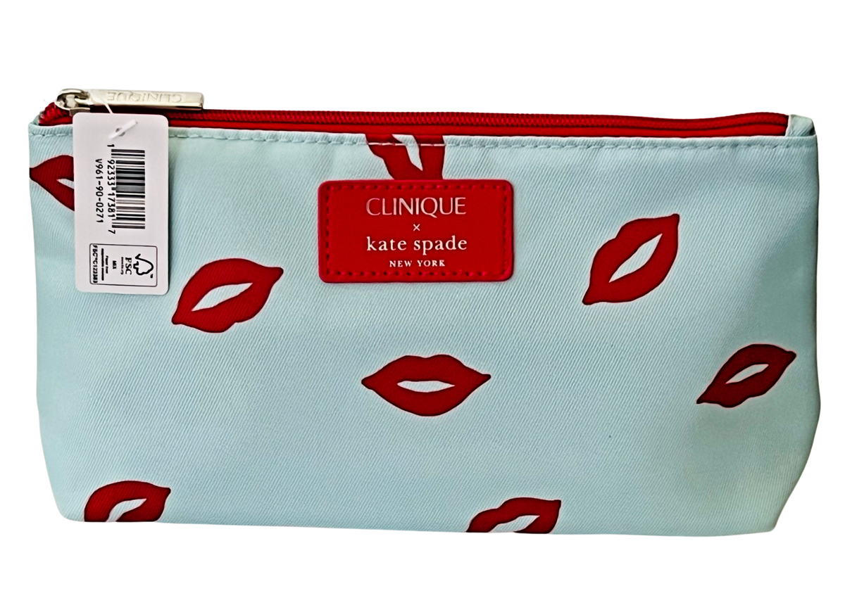 【美品】kate spade new york PCケース リップ 唇柄 CLINIQUE x Kate Spade Aqua with Red Lips Makeup Cosmetic Bag