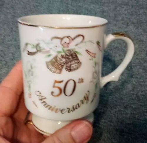 Lefton China 50th Anniversary Pedestal Coffee Cup Mug White Gold Vntg Porcelain