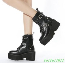 Womens Lace Up Side Zip Chunky Heels Platform Ankle Boots Punk Club Casual Shoes