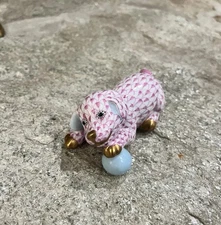 Herend Pink Puppy W Ball figurine Fishnet pattern 24k Gold Accents 15514