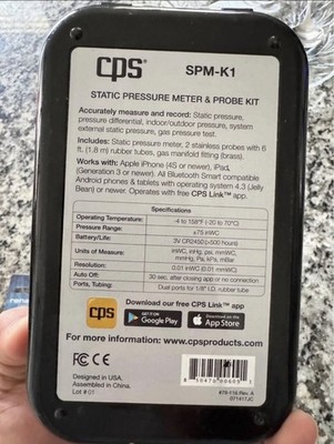 CPS Products SPM-K1 Bluetooth Static Pressure Meter and Probe Kit