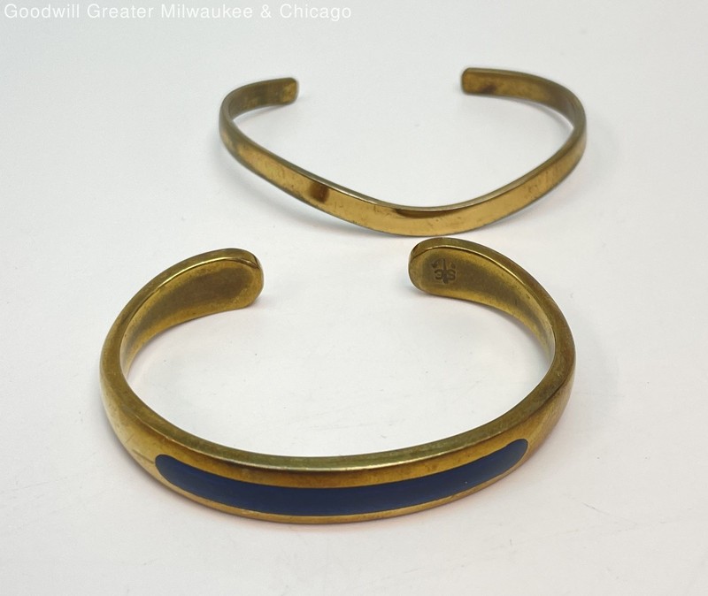 Sergio Lub & Sausalito Brass Blue Enamel Inlay & Wavy Cuff Bracelets 32.5g