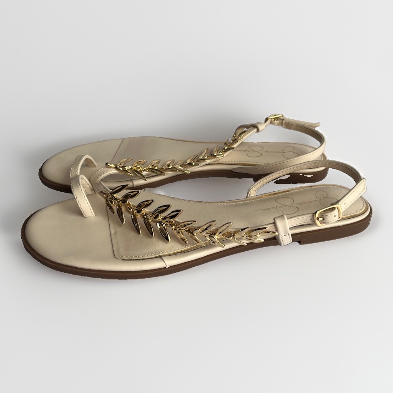 Jessica Simpson Cyrelle Pink/Gold Leaf T-Strap Toe Loop Flat Sandals Womens 10M
