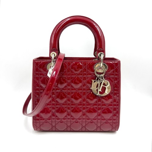 hj 87 Pre-owned Dior Lady Dior Medium Red Patent Leather Handbag