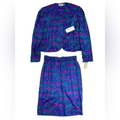 VTG Adrianna Papell Boutique 2-Piece Skirt Suit Sz 12 Purple Abstract Print NEW